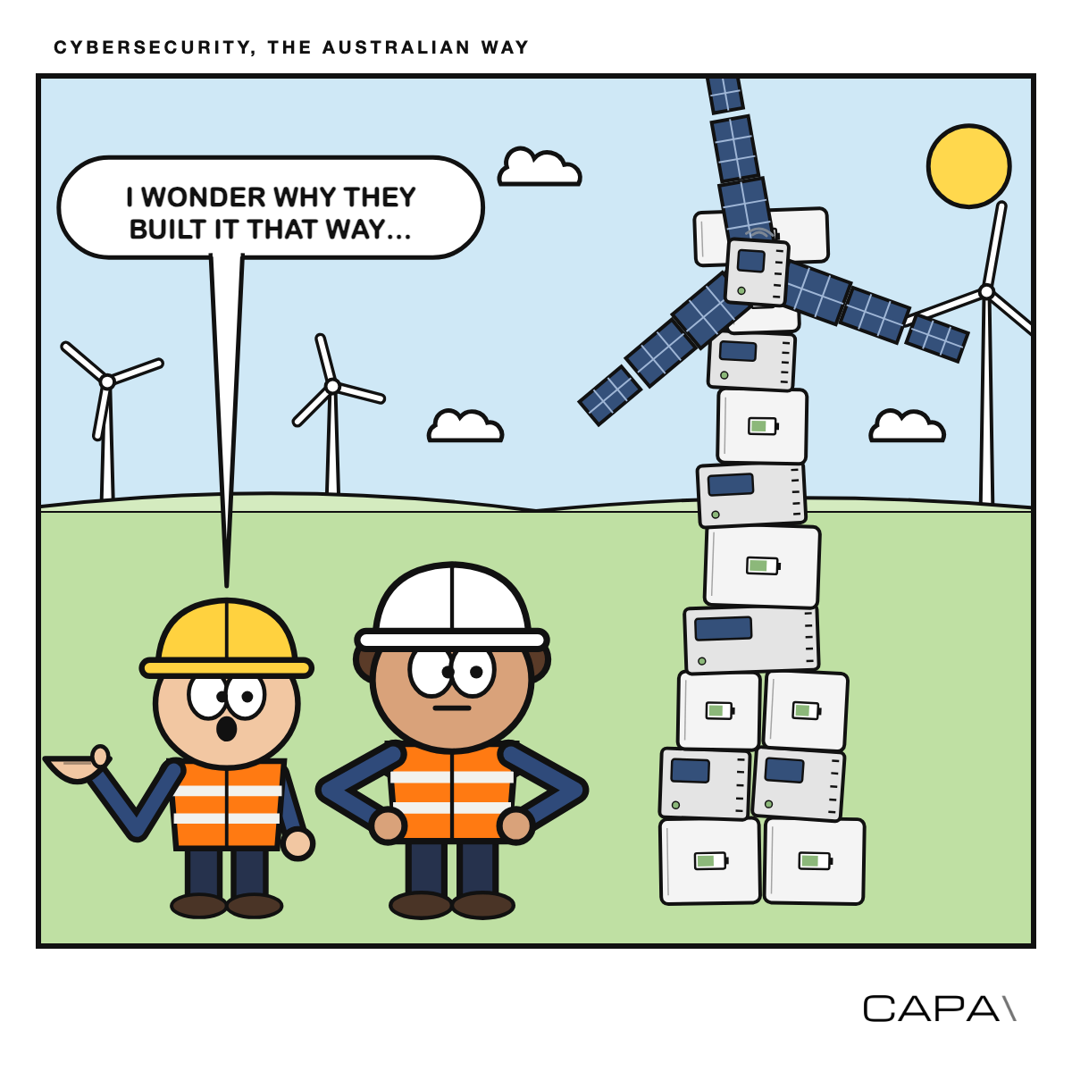 Cartoon: on a wind farm, Bev and Watto look up at a “wind turbine” piled up out of home batteries and solar inverters, with solar panels for blades. Real wind turbines stand on the hills behind. Watto, one palm turned up, says: “I wonder why they built it that way…”