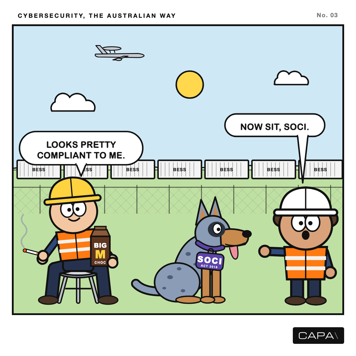 Cartoon: in a battery yard, Bev tells SOCI the blue heeler to sit, while Watto, relaxing on a stool, says it looks pretty compliant to him.